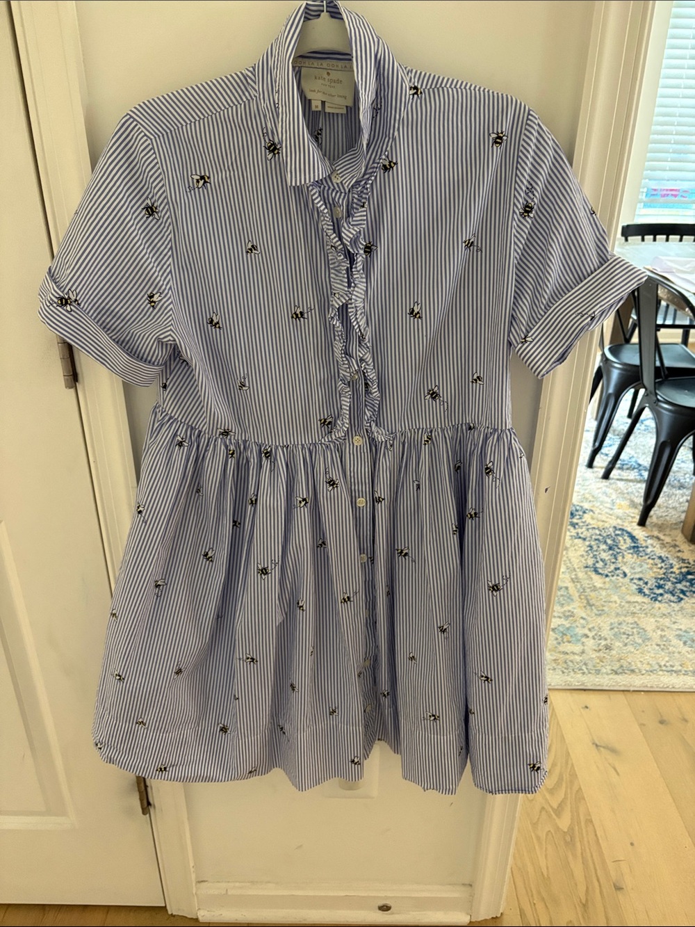 kate spade Blue and White Striped Ruffle-Front Bee Embroidered Dress